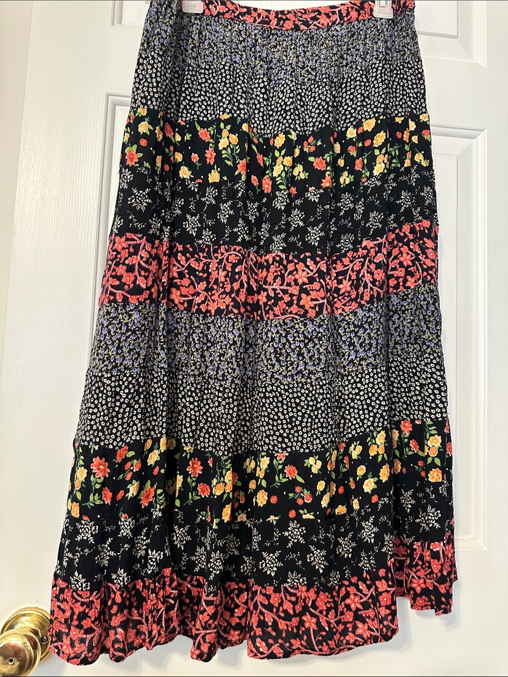 Requirements Black Maxi Skirt with Coral and Yellow Floral Panels